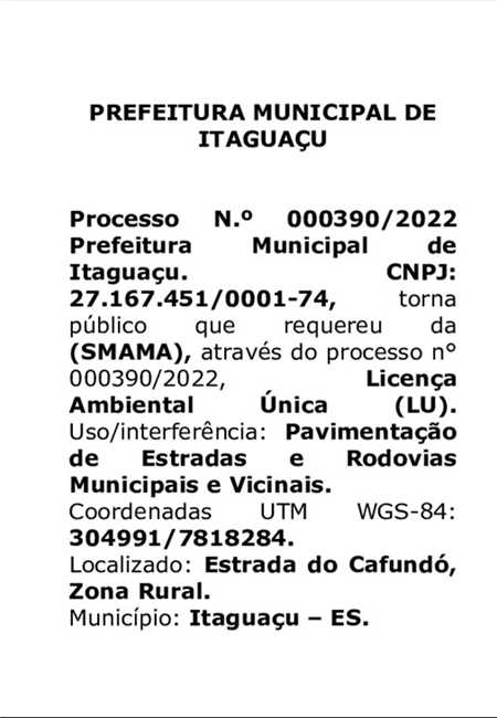 Licença Ambiental de Regularização (LAR) - REQUERIDA - PREFEITURA MUNICIPAL DE ITAGUAÇU